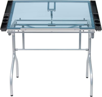 Studio Designs Folding Modern Glass Top Adjustable Drafting Table Craft Table Drawing Desk Hobby Table Writing Desk Studio Desk, 35.25" W x 23.75" D, Silver / Blue Glass