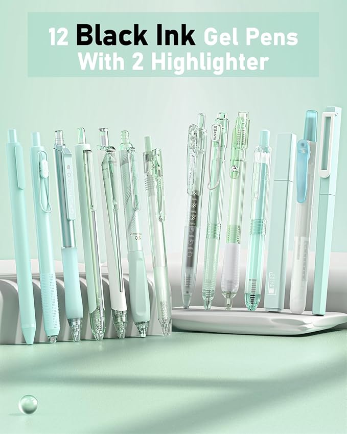 Four Candies 14Pack Pastel Gel Ink Pen Set,Cute Retractable 0.5mm Fine Point Pen,Note Taking Aesthetic Pens,12 Pack Black Ink Pens with 2Pack Highlighter, Smooth Writing Pens for School, Office(Green)