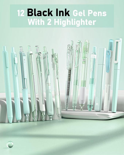 Four Candies 14Pack Pastel Gel Ink Pen Set,Cute Retractable 0.5mm Fine Point Pen,Note Taking Aesthetic Pens,12 Pack Black Ink Pens with 2Pack Highlighter, Smooth Writing Pens for School, Office(Green)