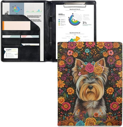 Office Folder Flower Dog Print PU Leather Padfolio with A4 Size Clipboard Clip for Business Resume Interview Document Sleeve Binder Folder for Men/Women