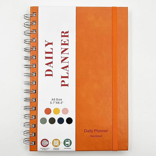 Undated Daily Planner,Undated Planner with Hourly Schedules, Daily Organizer Notebooks for work, Spiral Appointment Planner for Men and Wome, To Do List Notebook for Time Management, Elastic Closure, Pocket(Orange)