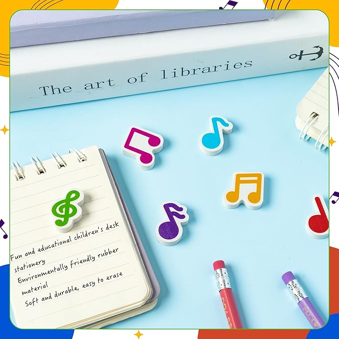 CJiangpo 60Pcs Music Mini Eraser for Kids Bulk - Musical Note Pencil Rubber Eraser Novelty 3D Desk Puzzle Music Themed Birthday Party Favors Filler Kids Back to School Classroom Prizes Gifts