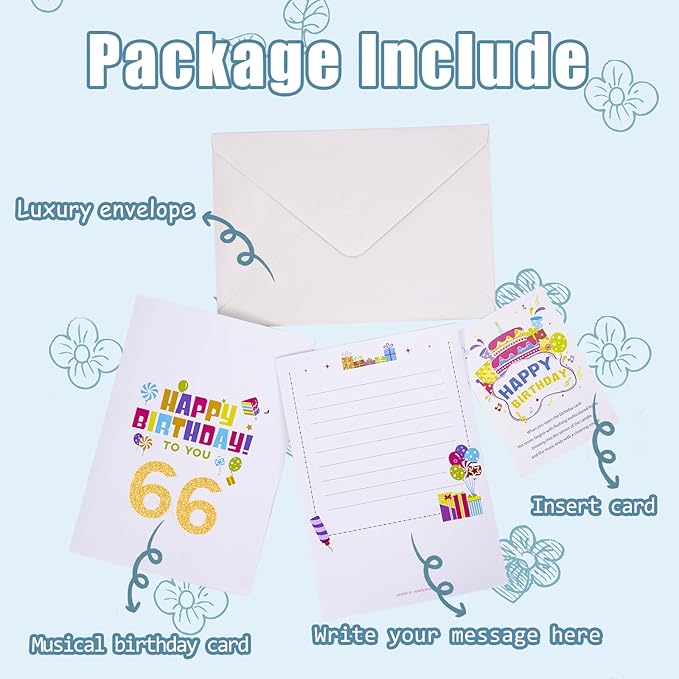 Gumry 66TH Musical Birthday PopUp Card, Blowable Colorful Light Candle 3D Cards with Song, Applause Cheers Sound, Greeting Cards Birthday Gifts Decorations for Women Men Turning 66 Years Old