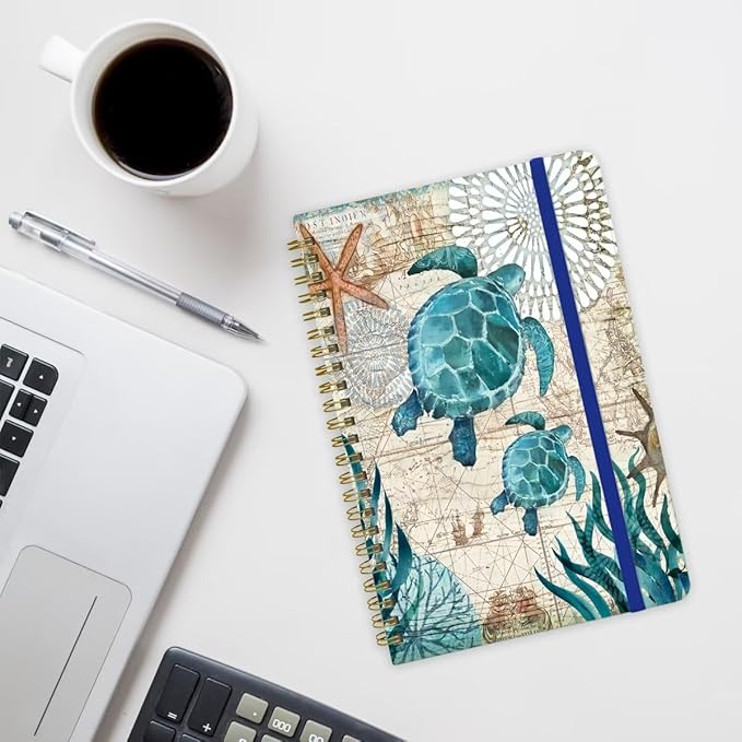 Spiral Notebook - A5 Spiral Notebooks, 8.3'' × 5.8'', 160 Pages, Aesthetic Journaling Notebooks for Women, College Lined Notebook with Elastic Closure, Back Pocket, for School Office, Two Turtle