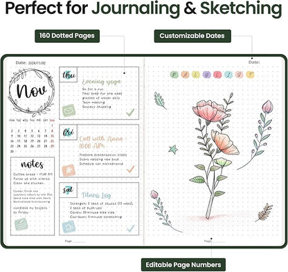 Bullet Dotted Journal Notebook for Women & Men, Hardcover Leather Journal for Writing, A5 Bullet Journaling Notebook for Work & Sketching, Perfect for Office School Home Supplies, 160 Pages, Dark Green