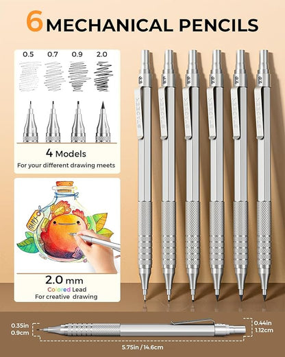 30Pcs Metal Mechanical Pencil Set with Leather Case, 0.5/0.7/0.9/2.0mm Art Drafting Pencils, 16 Tubes Graphite Leads(6B 4B 2B HB 2H 4H) with Colored Leads for Sketching Drawing Writing(Silver)