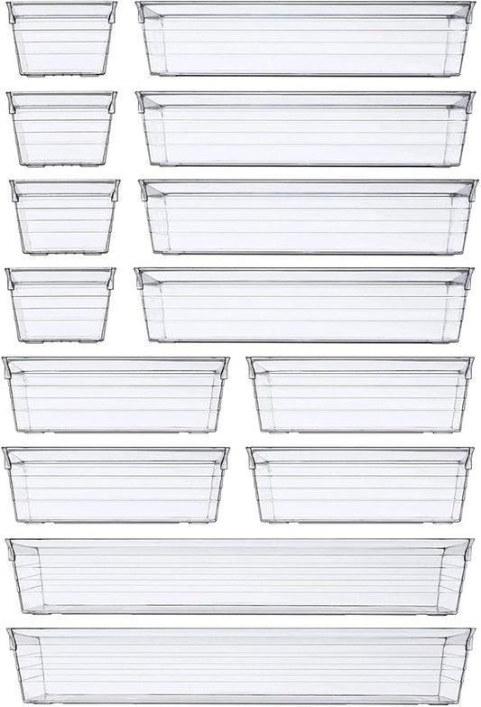 DCA 14 PCS Clear Plastic Drawer Organizer Tray, 4 Sizes Desk Drawer Divider Organizers and Storage Bins for Makeup, Kitchen Utensils, Jewelries and Gadgets