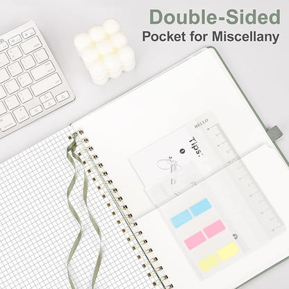 AHGXG Graph Paper Notebook - Spiral Notebook 8.5" x 11", A4 Large Hardcover Leather Journal Grid Notebook, 100 gsm Thick Graph Paper,Journals for School Writing Graphing Engineering Math, Sage Green