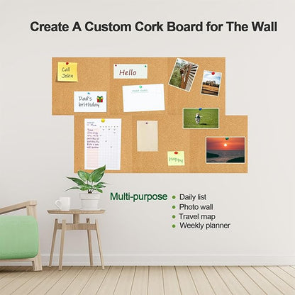 6 Packs Cork Board Tiles 12" x 12", 0.35" Thick Self-Adhesive Cork Boards for Walls with 50 Push Pins, Square Bulletin Boards Cork Tiles for Home Office Decorative
