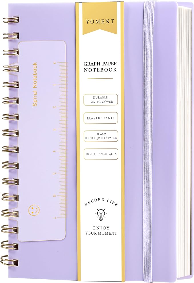Yoment Graph Paper Spiral Notebook A5 Graphing Notebook 160 Pages Graph Paper Notebook Spiral Bound Waterproof Plastic Hardcover Spiral Journal 5x7 Grid Notebooks for Note Taking,Purple