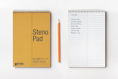 Better Office Products Spiral Steno Pads, 8 Pack, 6 x 9 inches, 60 Sheets, White Paper, Gregg Rule, Natural Board Cover, 8 Steno Notebooks
