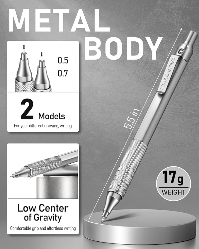 Four Candies 2PCS Metal Mechanical Pencils Set with Case, 0.5mm & 0.7 mm Artist Pencil with 6 Tubes (360PCS) HB Lead Refills, 3 Erasers,9 Eraser Refills For Writing Drafting, Drawing, Silver