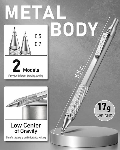 Four Candies 2PCS Metal Mechanical Pencils Set with Case, 0.5mm & 0.7 mm Artist Pencil with 6 Tubes (360PCS) HB Lead Refills, 3 Erasers,9 Eraser Refills For Writing Drafting, Drawing, Black&Silver