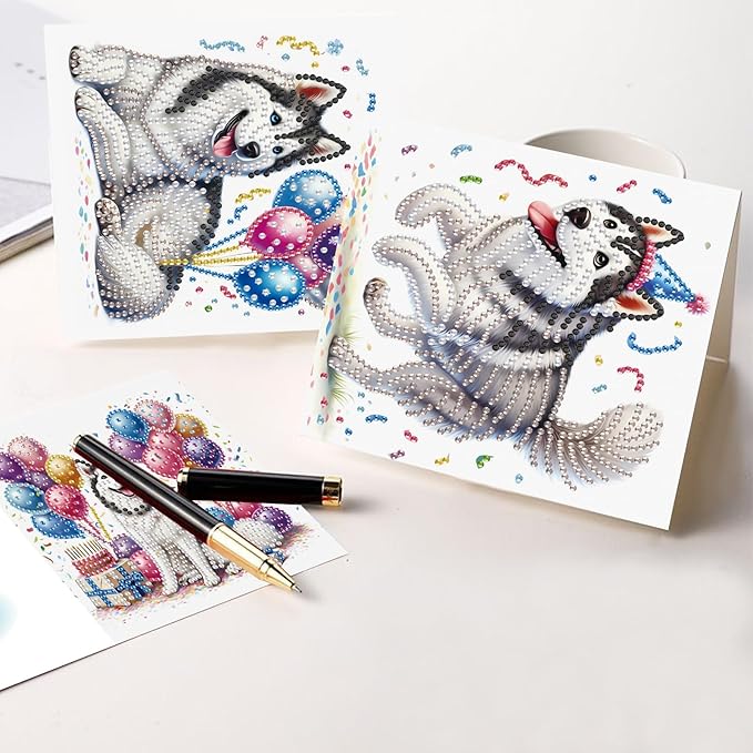 Tontut 6pcs Diamond Art Painting Kit Greeting Card, Balloon Puppy 5D DIY Diamond Handmade Holiday Glitter Greeting Card with Envelope, Holiday Gift Congratulation