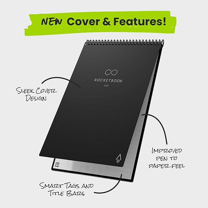 Rocketbook Flip Reusable Smart Notepad, Top Bound Notebook Executive Size 6x8.8, Black - Lined and Dotted Pages, App-Connected, Erasable, Ideal for Righties and Lefties
