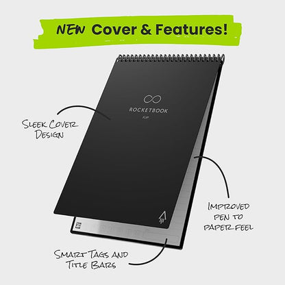 Rocketbook Flip Reusable Smart Notepad, Top Bound Notebook Executive Size 6x8.8, Black - Lined and Dotted Pages, App-Connected, Erasable, Ideal for Righties and Lefties