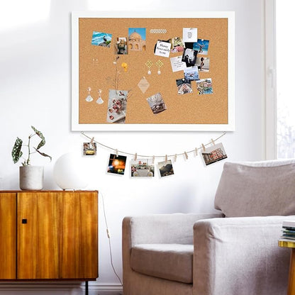 DOLLAR BOSS Cork Board Bulletin Board with Linen Double-Sided 30" x 20" Linen Corkboards for Walls Picture Display Vision Board for Office Home School Framed Picture Pin Board, 20 Pushpins 10 Clips