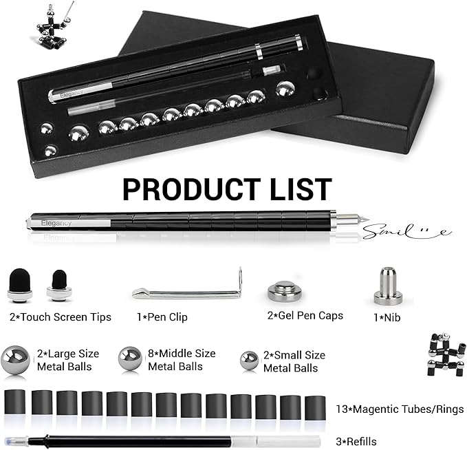 Elegancy Fidget Pen Magnetic Balls | Deformable Decompression Magnetic Pen Fidget Toy for Teenager Multi-Functional Ballpoint Pens | Cool Stuff Magnets for Kids (Black)