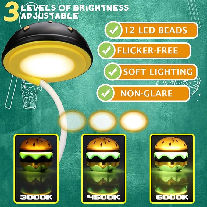 Cute Desk Lamp for Kids, Hamburger Small Boy Desk Lamps Rechargeable with Dimmable Touch Adjustable Neck,Kawaii Desk Lamp Night Light,Boy Desk Accessories Kawaii Room Decor for Boys Girl Gift