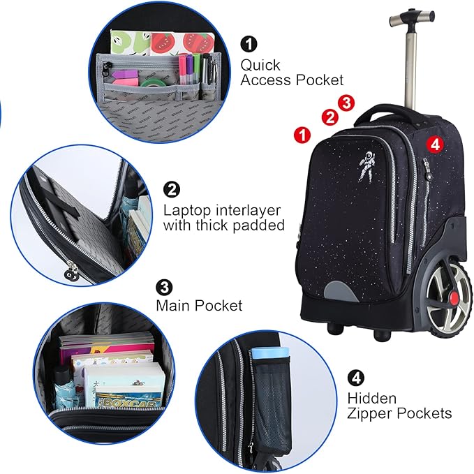 UNIKER Rolling Backpack without Straps for Boys, Roller Travel Bag,Wheeled Bookbag High School,Trolley Middle School Bag for Teens,Schoolbag with Wheels