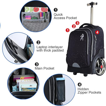 UNIKER Rolling Backpack without Straps for Boys, Roller Travel Bag,Wheeled Bookbag High School,Trolley Middle School Bag for Teens,Schoolbag with Wheels