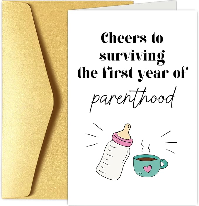 Funny Baby First Birthday Card for New Parents, Baby's 1st Birthday Card for First Time Parents, One Year Parenthood Card, New Parents Gifts, Cheers to Surviving the First Year of Parenthood Card