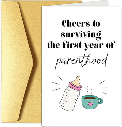 Funny Baby First Birthday Card for New Parents, Baby's 1st Birthday Card for First Time Parents, One Year Parenthood Card, New Parents Gifts, Cheers to Surviving the First Year of Parenthood Card