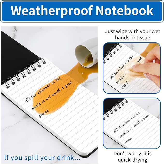 3 Pack Waterproof Notebook, 3 x 5 Pocket Notepad, All Weather Small Pocket Notebook Stone Paper, Mini Spiral Notepad Police Notepad 100 Lined Pages for Outdoor Office