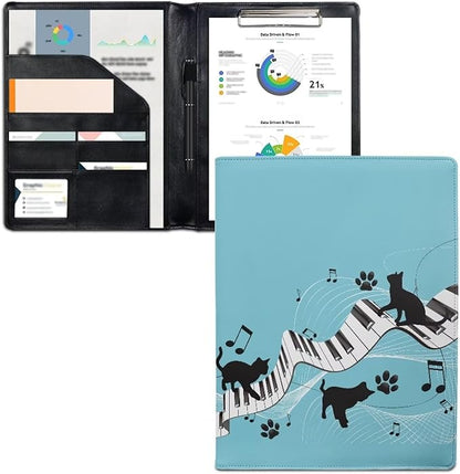 Black Cat Music Portfolio Folder Leather Padfolio with A4 Size Clipboard Clip for Business Resume Interview Document Sleeve Binder Folder for Men/Women