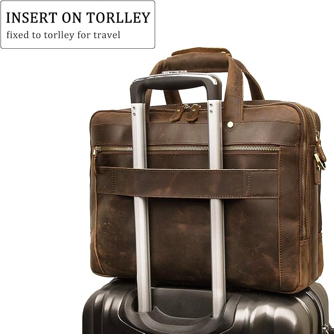 Augus Leather Briefcase for Men Business Travel Messenger Bags 15.6 Inch Laptop Bag YKK Metal Zipper, Brown