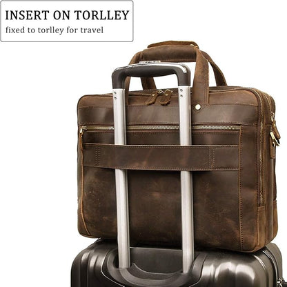 Augus Leather Briefcase for Men Business Travel Messenger Bags 15.6 Inch Laptop Bag YKK Metal Zipper, Brown