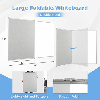 DOLLAR BOSS Foldable Linen Cork Board White Board Combo 60 x 40 in Extra Large Magnetic Whiteboard Dry Erase Bulletin Board Portable Double Sided Aluminum Frame Pin Board for School Office, Grey