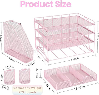 Desk Organizers and Accessories, Desk Accessories & Workspace Organizers for Office Supplies, File Organizer Desk Drawer Organizer with 2 Pen Holders, 4 Tier Paper Organizer for Desk(Pink)