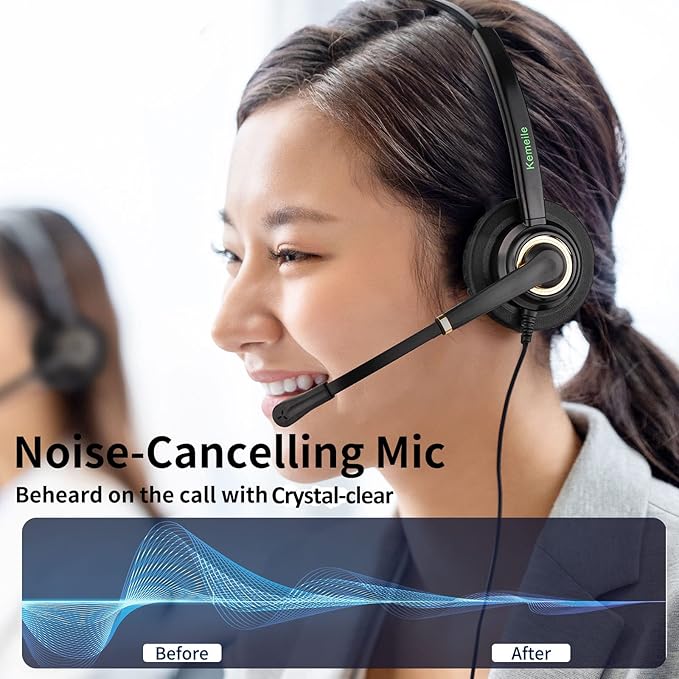 Office Telephone Headset with Noise Cancelling Mic RJ9 U10P Bottom Cable Compatible with Landline Desk Phones Polycom VVX, Avaya Digital, Fanvil, AudioCodes and Many More