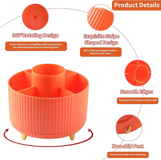 Desk Pen Holder, 5 Slot 360 Rotating Pen Organizer for Desk, Desktop Storage Stationery Supplies Organizer, Cute Pencil Cup Pot for Office, School, Home, Art Supply, Orange