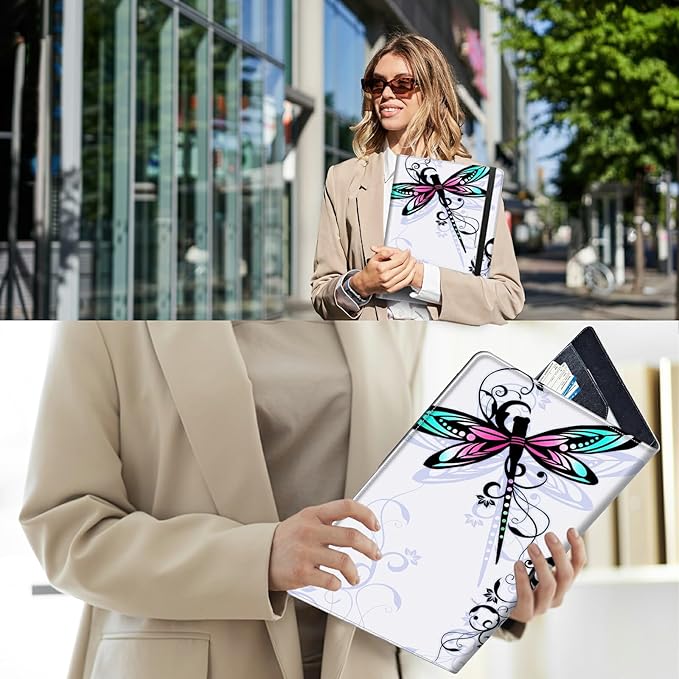 PU Leather Padfolio Folder Clipboard Portfolios Organizer Conference Document Organizer with Business Card Holder Storage Clipboard Writing Pad,Dragonfly with Lotus Flower