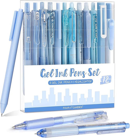 Four Candies 12Pack Pastel Gel Ink Pen Set, 11 Pack Black Ink Pens with 1Pack Highlighter for Writing, Retractable 0.5mm Fine Point Cute Note Taking Pens for School Office (Blue)