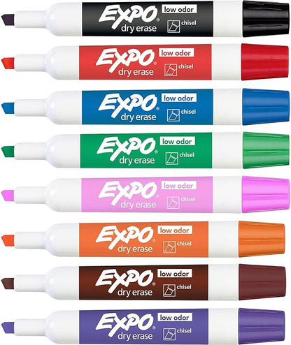 EXPO Low Odor Dry Erase Markers, Chisel Tip, Assorted Colors, 8 Count