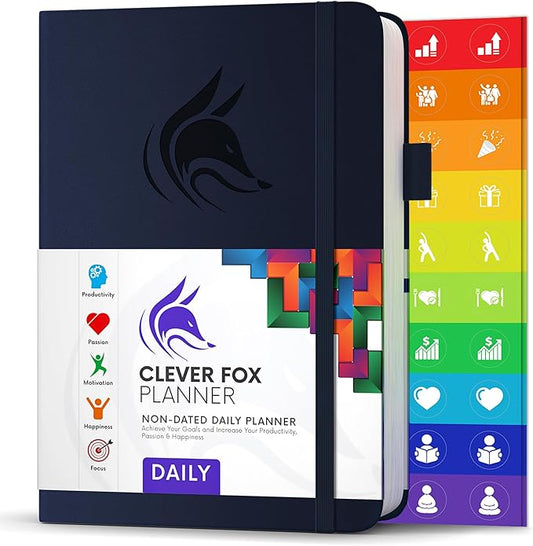 Clever Fox Daily Planner – Undated Planning Notebook with Hourly Schedule & to-Do List – Personal Day Task & Work Organizer, 6 Months (Dark Blue)