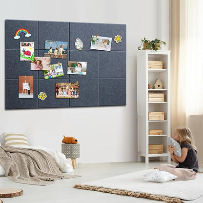 Large Cork Bulletin Board - 48" x 36" Cork Board for Walls - 12 Pack Felt Wall Tiles with Safe Removable Adhesive Tabs - Bulletinboard for Office & School & Home Decor - Drak Grey