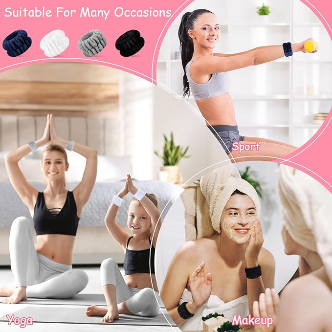 Chuangdi 4 Pairs Wrist Bands for Washing Face Wrist Spa Microfiber Wash Towel Band Scrunchies Absorbent Wristbands Sweatband for Women Prevent Liquid from Spilling