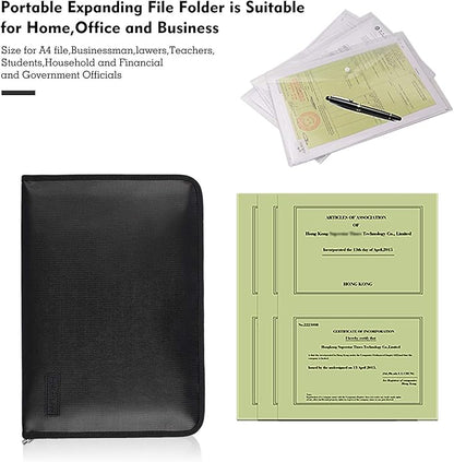 Expanding File Folder Important Document Organizer Fireproof & Waterproof Document Bag with A4 Size 3 Pockets Zipper Closure Non-Itchy Silicone Coated Portable Filing Wallet Pouch(14.3inx9.8inx1.6in)