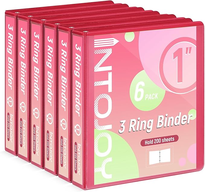 3 Ring Binder 1 Inch, IntoJoy 6 Pack Clear View 3 Hole Binder PVC-Free Fits 8.5x11 Inch Paper Flexible Round Ring Binders for School Office Home Binder Supplies (Red)