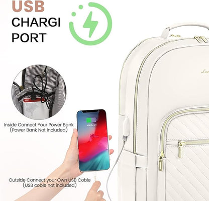 LOVEVOOK Leather Backpack for Women,17.3 inch Leather Laptop Backpack Women Computer Backpack Laptop Bag,Stylish Quilted Travel Backpack Purse Work Bag College Teacher Backpack with USB Port,Off-white
