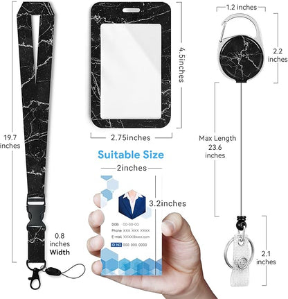 Black Marble Badge Holder with Retractable Reel and Breakaway Lanyard，Badge Clips Retractable Heavy Duty Badge Reel，Keychain，ID Holder with Breakaway Lanyard for School Nurse Office Teen…