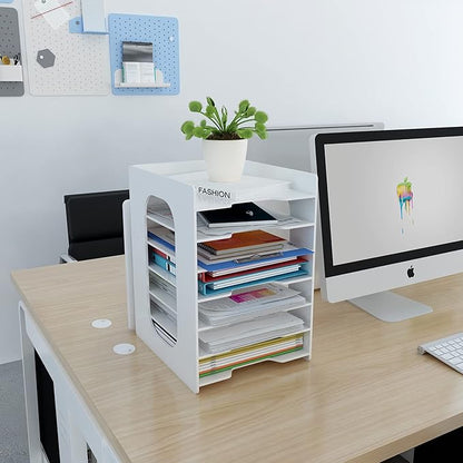 Natwind 7 Tiers Paper Organizer for Desk Desktop White File Holder Office Desk Organizer Mail Letter Tray & Paper Sorter Document Notebooks Storage Rack for Home Office School Classroom
