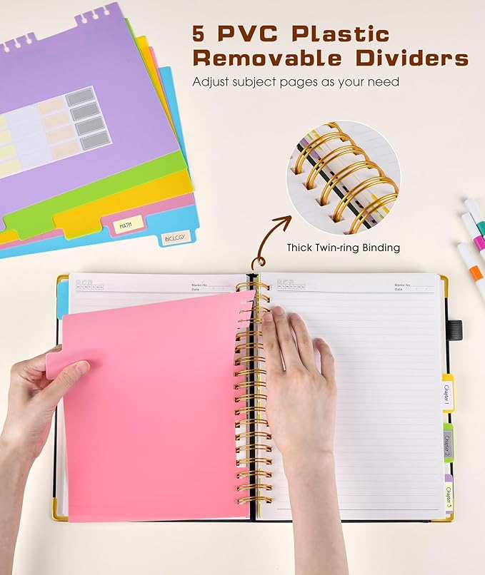 Hardcover Spiral Notebook journal with Removable Dividers Tabs, 300 Pages Leather 5 Subject Notebook College Ruled, 8"x10" Large B5 Notebooks for Work School Note taking, Lined Journal for Women,Black