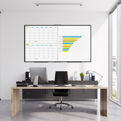 JILoffice Magnetic Foldable Dry Erase Calendar Whiteboard Combo, 2 Month Calendar Board & White Board 72 X 40 Inch, Black Aluminum Frame Wall Mounted Board for Office Home and School