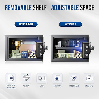 BlackSmith Home Safe 1.0 Cub Biometric Safe Box Fingerprint Recognition Security Safe with Keys Keypad Lock Box Secure Jewerly Valuables Wall Mount Cabinet Safe with LCD Display Dual Alarm System