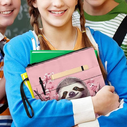 COEQINE Sloth Book Sleeve for Women Pink Cherry Blossom Book Covers for Hardcover Paperbacks Front Pocket Zipper Book Cover Case